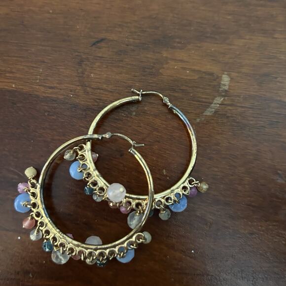 Gold Tone Hoop Earrings with Multicolor Bead Charms Boho Dangle Style - Picture 4 of 4